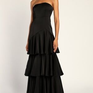 Lulus Blissfully Beautiful Black Satin Strapless Tiered Maxi Dress - Size M
